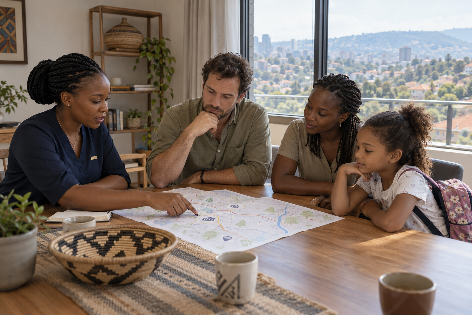 A coordinator helping parents and their child understand a neighbourhood map in Kigali.