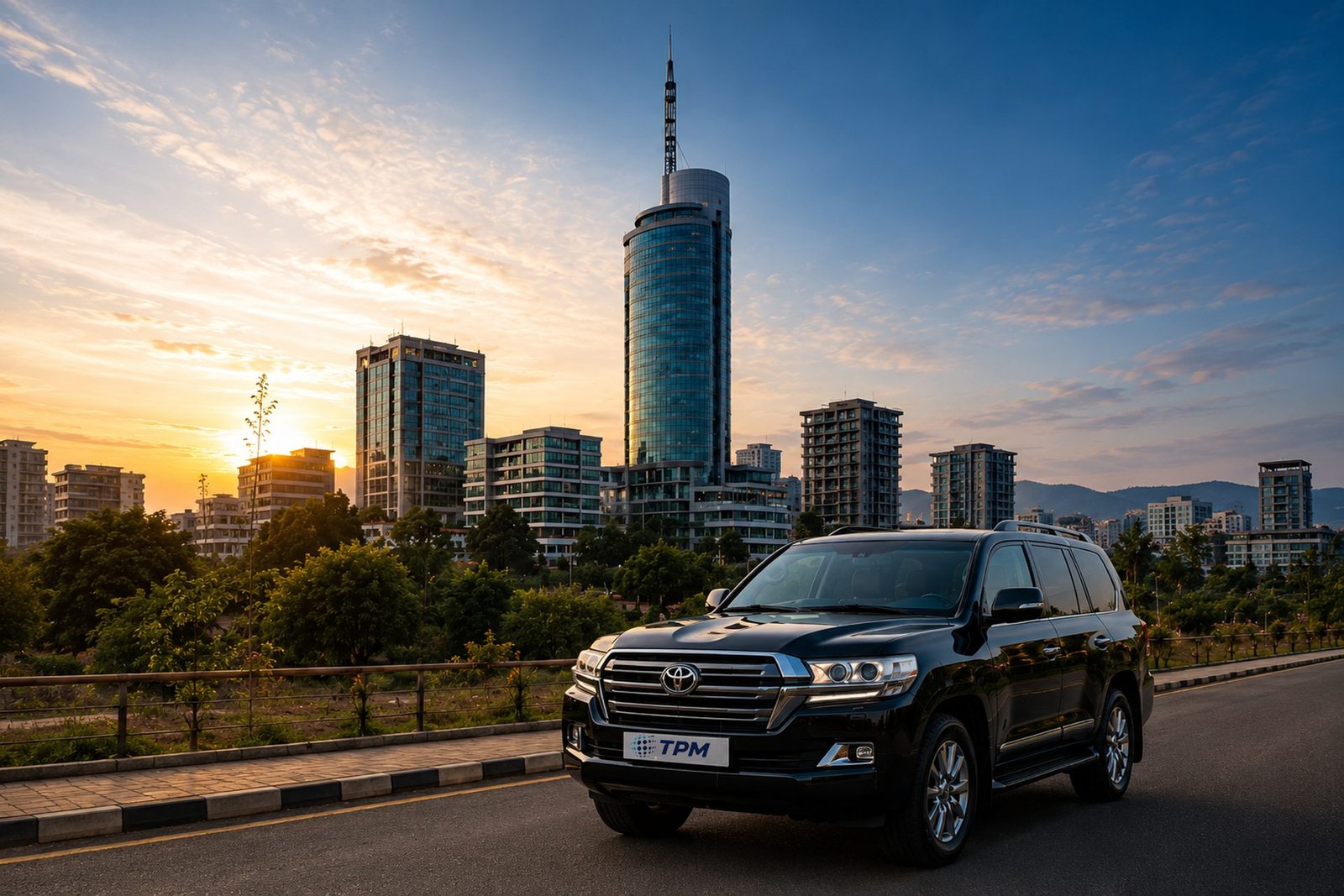 TPM Global executive SUV on the road in Kigali at sunset, with the city skyline behind