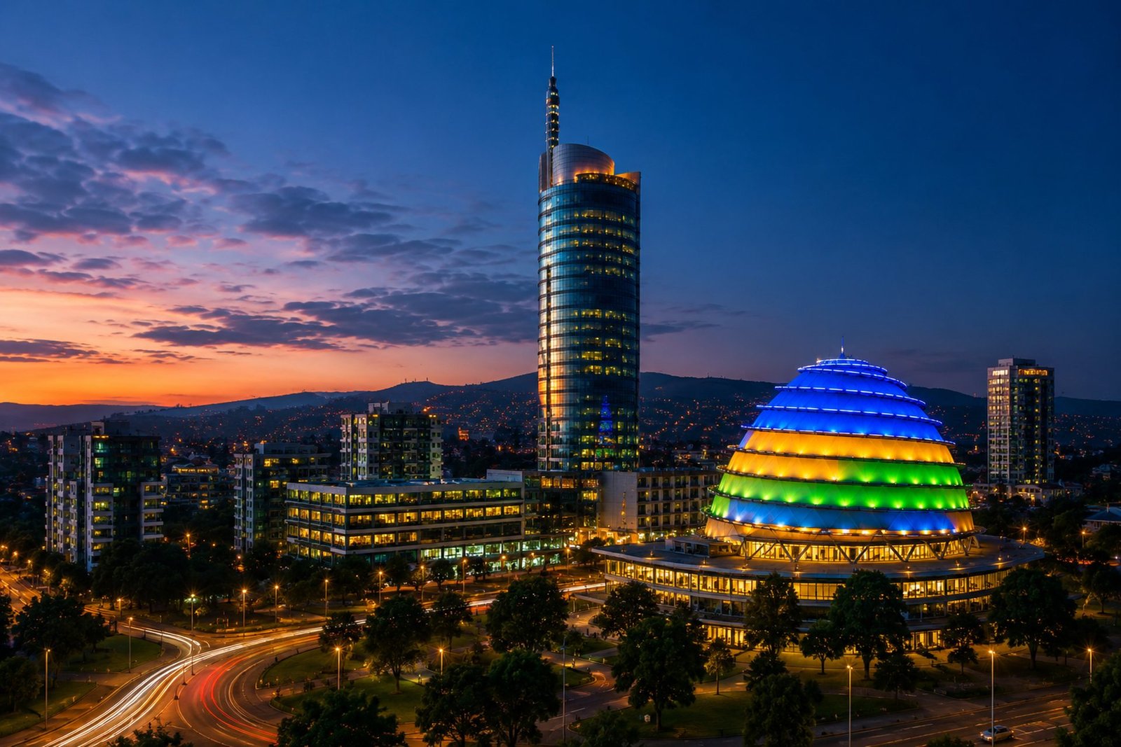 Kigali city skyline at dusk, featuring the Kigali Convention Centre