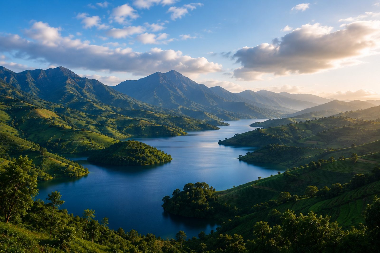 Aerial view of Rwanda's green hills and Lake Kivu